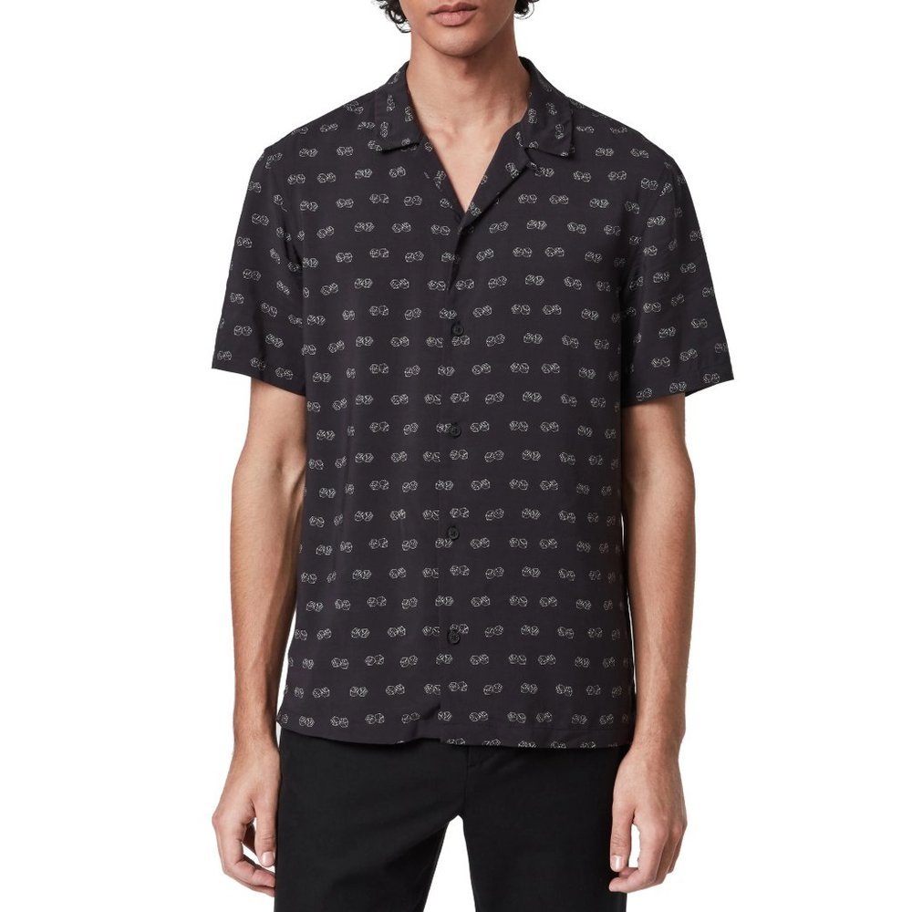 All Saints Snakeyes Short Sleeve Button-Up Black Dice Print Shirt
